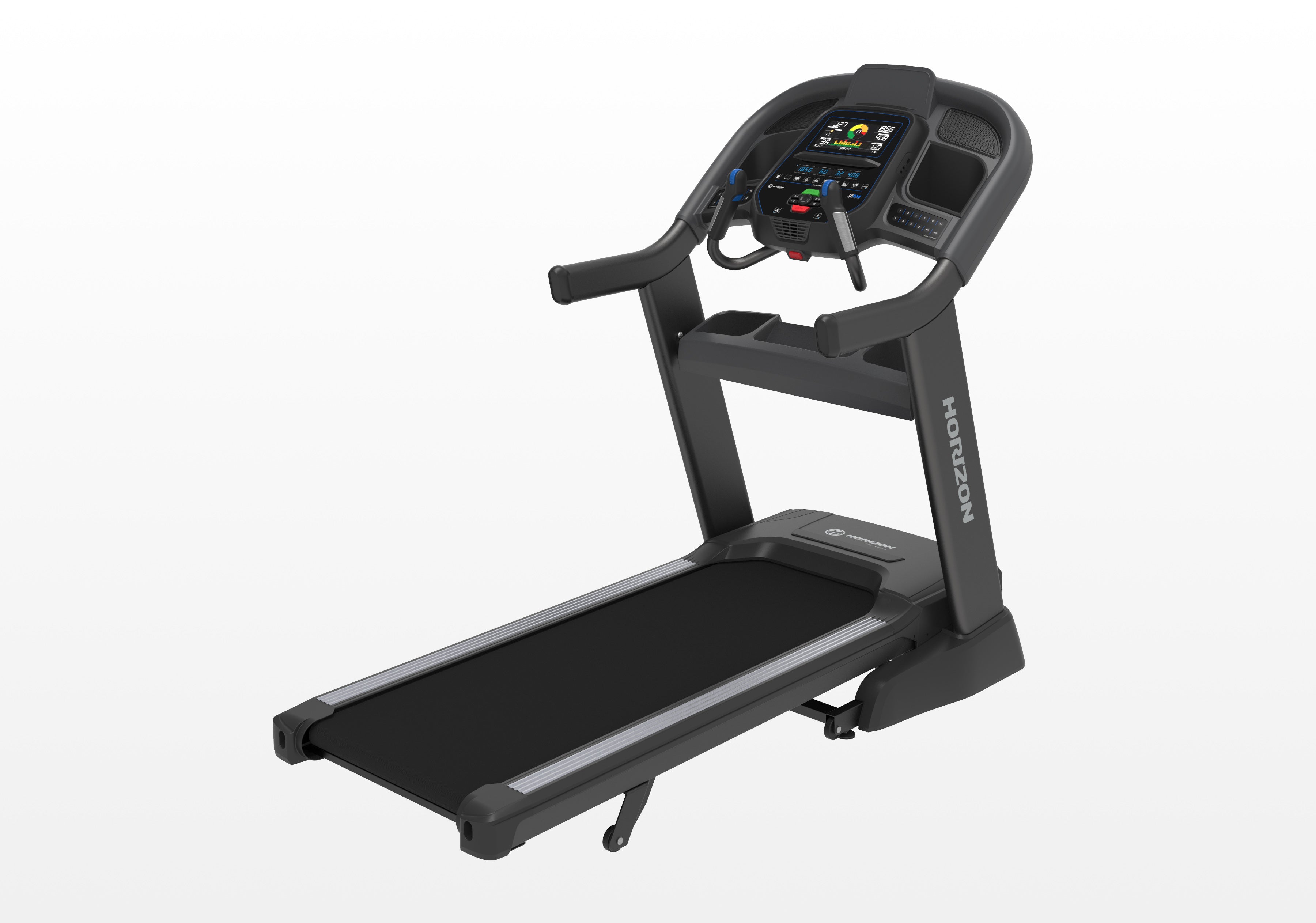 Black treadmill with digital display on a white background