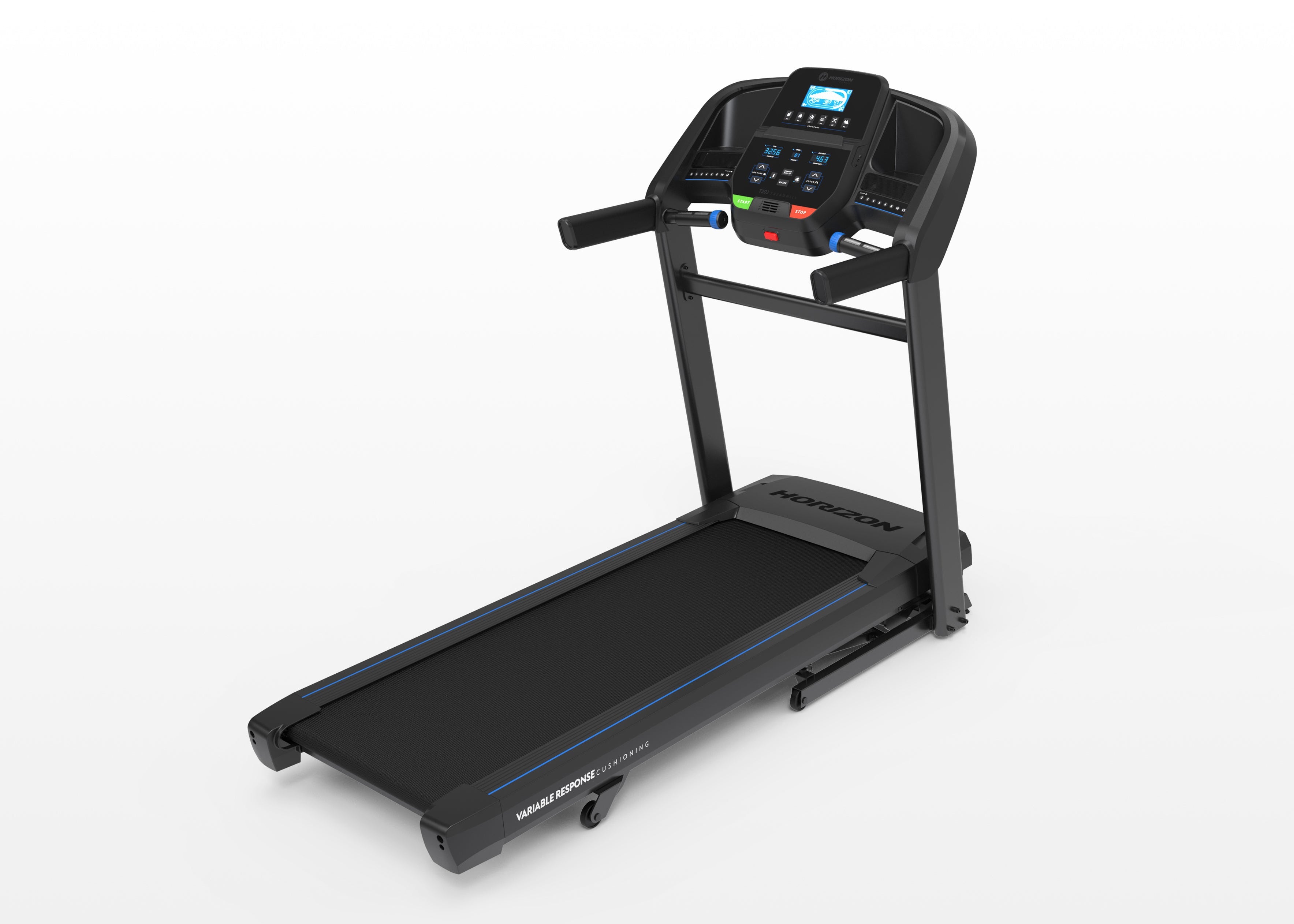 Black treadmill with digital display on a white background