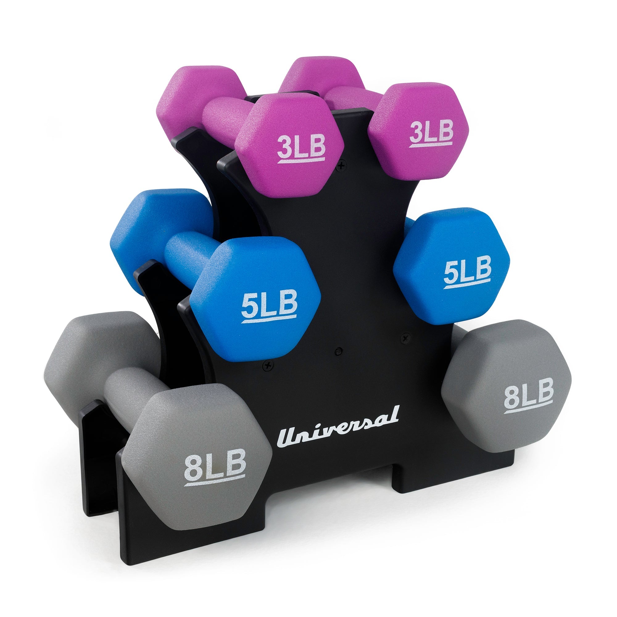 Universal UD32 32lb Neoprene Dumbbell Set with Rack