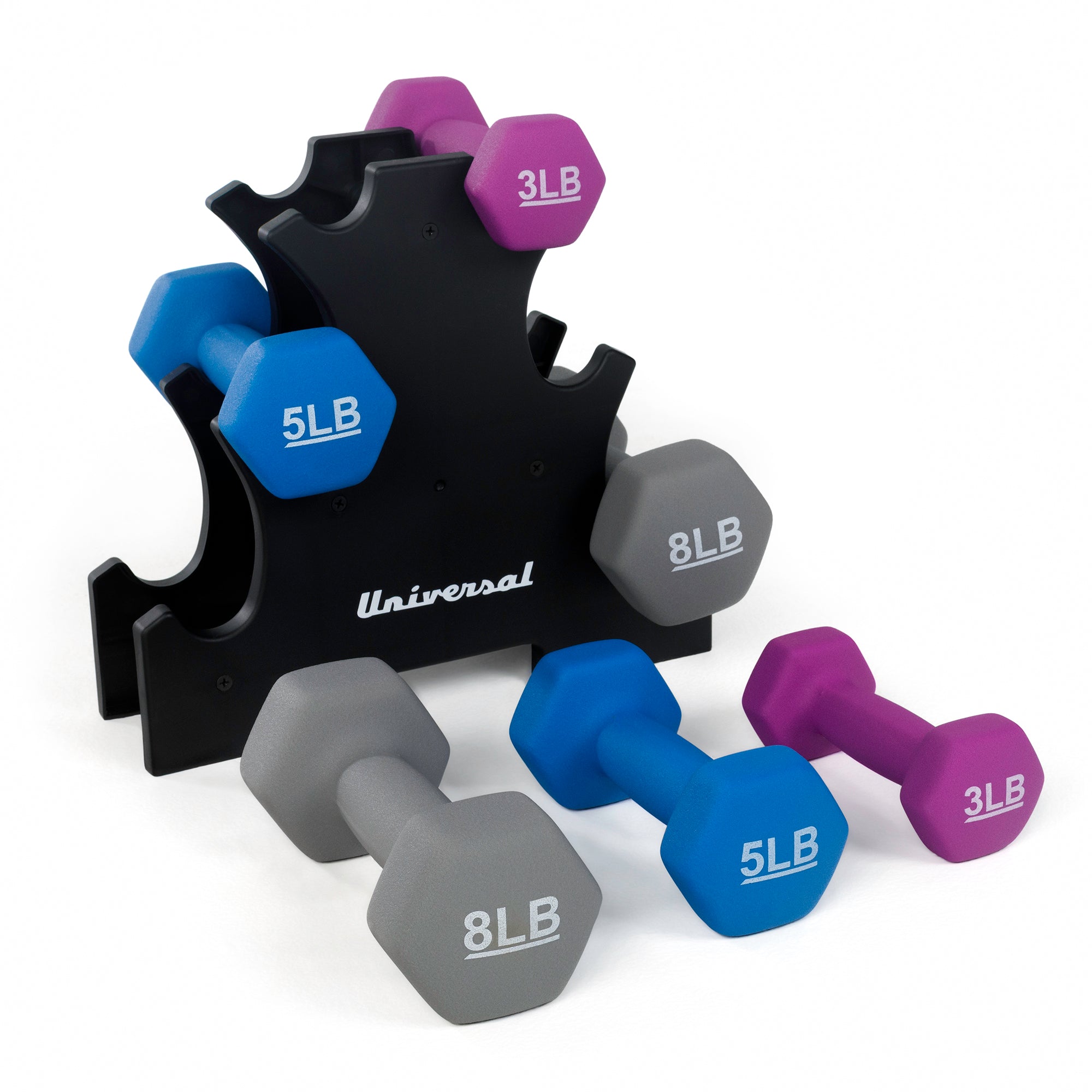 Universal UD32 32lb Neoprene Dumbbell Set with Rack Lineup of Weights - 8, 5, and 3 pounds